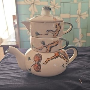 Artistic Ceramic Teapot Set with Pine Motif